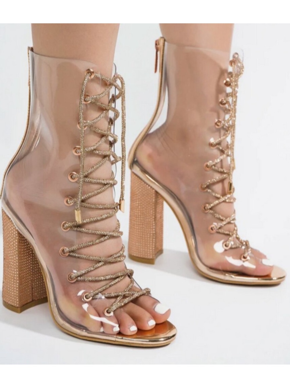 Cape Robbin Clear Block Heel Lace-Up Booties with Rose Gold Accents